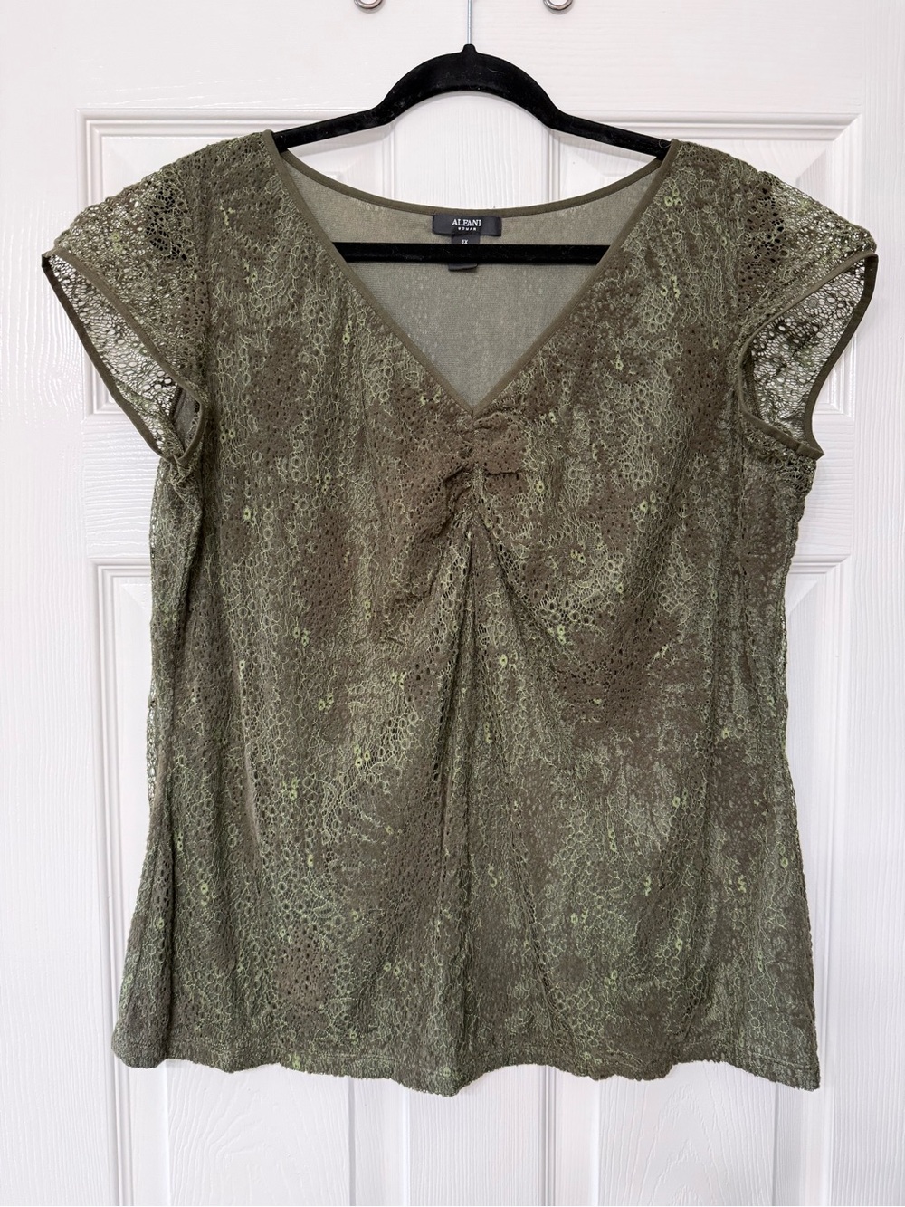 Alfani Olive Lace V-Neck Short Sleeve Top